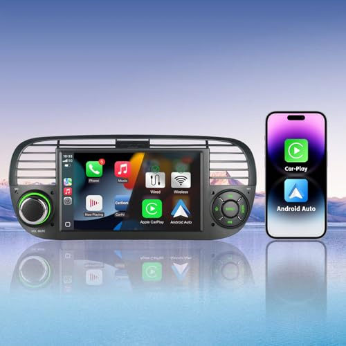 Radio para Fiat 500 (2007-2015)Pantalla Autoradio Inalámbrico CarPlay&Android Auto, FM/DAB RDS, Bluetooth (Negro)