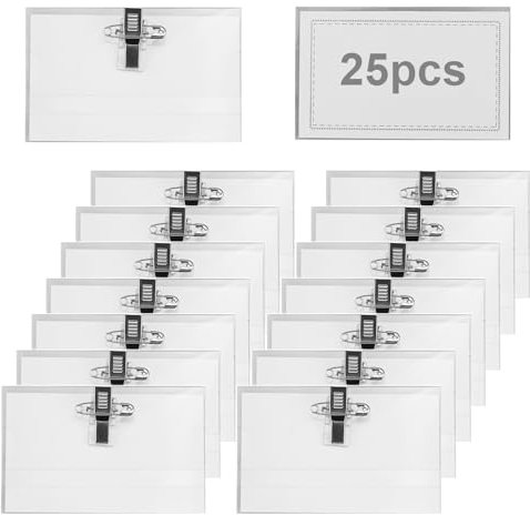 Porte Badge 25pcs étiquettes nominatives transparentes de 90 x 56 mm avec clip et épingle, Porte-Carte d'Identité Transparent Résistant à l’Eau Pour Badge Infirmiere Ecoles Entreprises