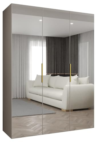 MEBLE KRYSPOL - Kleiderschrank mit Spiegel - Drehtürenschrank - Schrank 150x202x52cm - Garderobenschrank Schlafzimmer, Flur, Jugendzimmer - Farbe Kaschmir, Griff Gold - Marbella 3 150