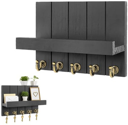 ORARTMM Plaque à clés en bois avec 5 crochets - Étagère murale décorative pour clés avec étagère - Armoire à clés en bois pour entrée, couloir, salon - Noir