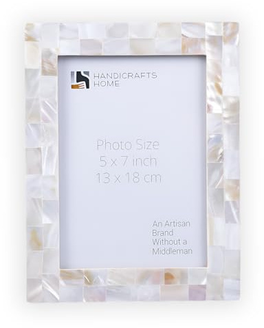 Handicrafts Home Mother of Pearl Picture Photo Frame 5x7 – White Handmade Mosaic Shell Inlay, Neutral Home Decor for Boho, Beach House, Farmhouse Style, Wedding, Housewarming & Birthday Gift Idea