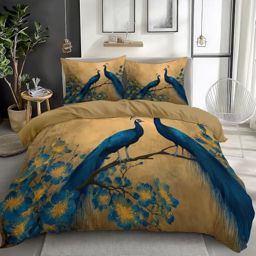 CozyRest Bettbezug 240 x 220 cm Bettwäsche Set 3 Teilig mit 2 Kissenbezügen, Muster Blauer Pfau Orientalische Kunst Wende Bettwäsche für Erwachsene Kinder, aus Weiche Mikrofaser mit Reißverschluss