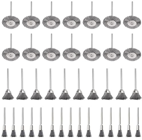 ANBOWEI Kleine Drahtbürste Set, 45 Stück Mini Stahlbürsten, Topfbürsten Pinselbürsten Scheibenbürsten 3 Formen je 15 mit 3mm Schaft, Wire Brush für Dremel Multifunktionswerkzeuge Zubehör