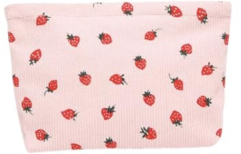 Strawberry Print Corduroy Cosmetic Makeup Bag - Pink
