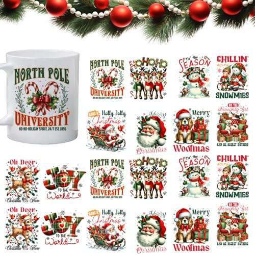 20 Sheets Christmas Rub on Transfers for Crafts Christmas Plaid UV DTF Cup Wraps Xmas Tree Theme Waterproof Rub Decals for DIY Glass Cups Mugs Scrapbooking