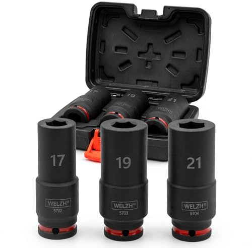 WELZH 3-Piece Weighted Deep Impact Socket Set 17mm 19mm 21mm Heavy Duty Sockets for Crankshaft Pulley Bolt Removal High Torque Impact Wrench Use Deep Socket Design for Automotive Workshop 5709-WW