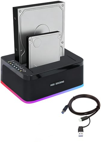 Hard Drive Docking Station Dual Bay RGB USB 3.0 SATA HDD/SSD with Cloning, 2 x 20TB for 2.5/3.5 Inch