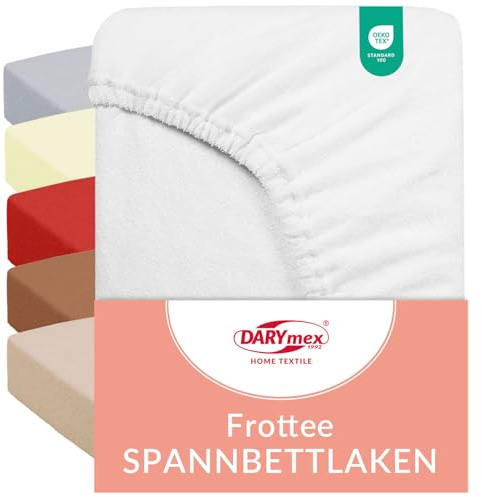 Darymex Frottee Spannbettlaken, 90x200 cm, elastisch, Baumwolle, Weiß | Spannbetttuch für Matratzenhöhe bis 20 cm, elastisches Bettlaken, Frottee Bettwäsche, Baumwoll-Spannbettlaken