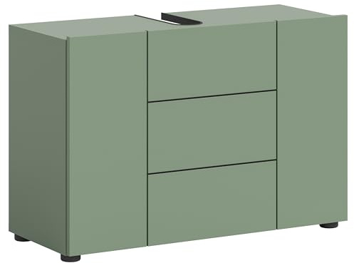 furnling Waschbeckenunterschrank Vera, Smoke Green, 3 Türen, 4 Fächer, Waschtischunterschrank mit Siphon-Ausschnitt, Front mit Rillenfräsung, Breite 82 cm
