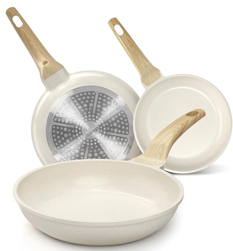 YASHE Bratpfannenset 3-teilig, Induktion, ungiftig, PTFE- und PFAS-frei | Drei Aluminiumgusspfannen in 20, 24 und 28 cm mit Holzoptik-Griffen; gleichmäßige Wärme; für alle Herdarten