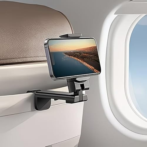 Sella Products Universal Airplane Phone Holder Mount – 360° Rotating, Foldable & Hands-Free – Fits iPhone, Samsung & All Smartphones 2.2–3.7 Wide – Clips to Tray Table & Desk – Black