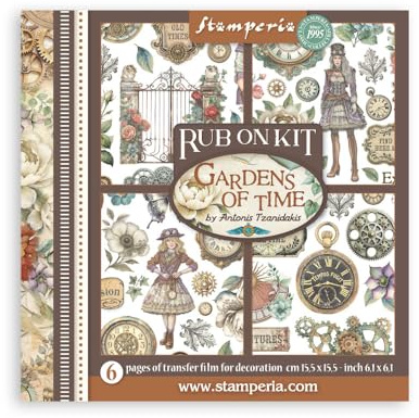 Stamperia - Rub-on Kit for Scrapbooks, Albums, Cards, Bullet Journals and More, Easily Transfer Images onto Paper and Other Surfaces, Perfect for Crafts and Gifting (6 Pages) (Gardens of Time)