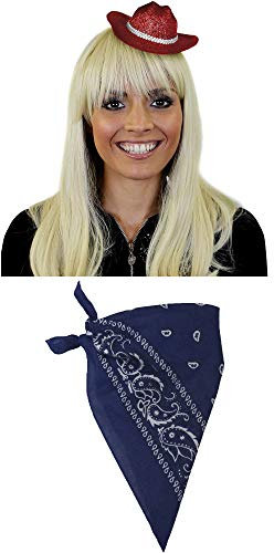 Ilovefancydress Mini-Cowgirl-Hut mit blauem Paisley-Bandana, ideal für Westernpartys oder Junggesellinnenabschiede, Rot