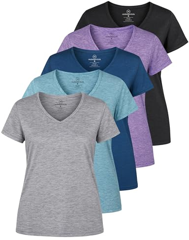 5 Pack: Womens V Neck T-Shirt Ladies Yoga Top Athletic Tees Active Wear Gym Workout Zumba Exercise Running Essentials Quick Dry Fit Dri Fit Moisture Wicking Basic Clothes - Set 1,S