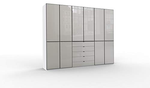 WIEMANN Montreal Kleiderschrank, Schlafzimmerschrank, Drehtürenschrank, mit Schubladen, Breite 300 cm, 6 türig, weiß, Glas Kieselgrau, Griffe schwarz, B/H/T 300x236x58 cm