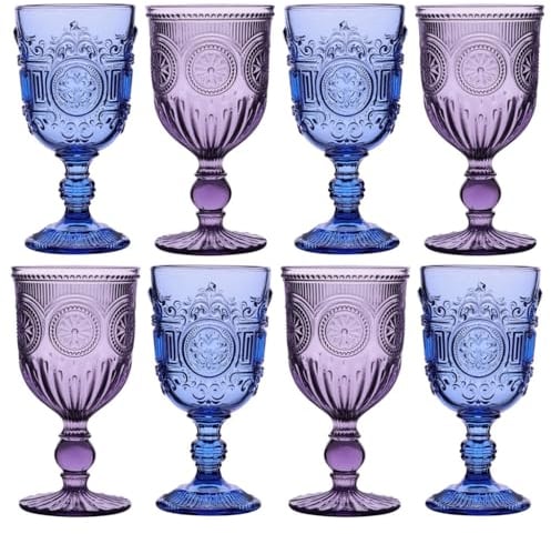 Dibor Coloured Wine Glasses, Set of 8, Blue & Purple Mandala - 300ml Wine Goblets