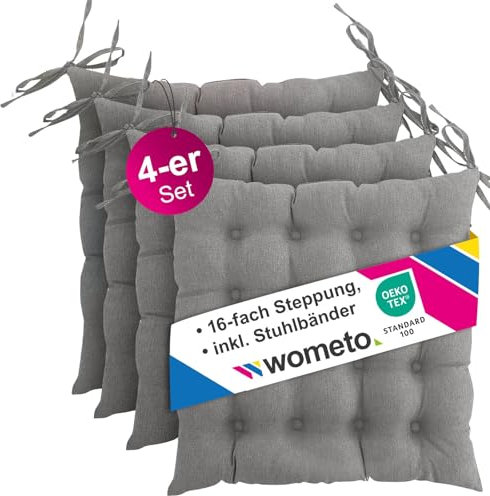 wometo 4er Set Sitzkissen Stuhl oekoTex 40x40 - grau Mittelgrau Sitzauflage Auflage Polster Stuhlkissen Sitzpolster mit Bändern