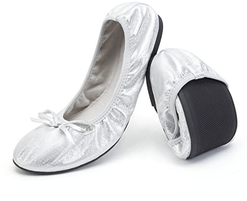 Greatonu Women's Ballet Pumps Comfort Foldable Portable Travel Slip on Slipper Bow Tie Flats Shoes Silver UK 7
