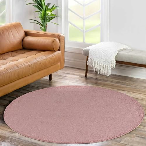 HomebyHome Kurzflor Teppich Wohnzimmer 120 cm Rund Rosa - Modern Gabbeh-Look Teppich Extra Weich, Pflegeleicht und Langlebig - Ideal für Schlafzimmer, Küche und Esszimmer