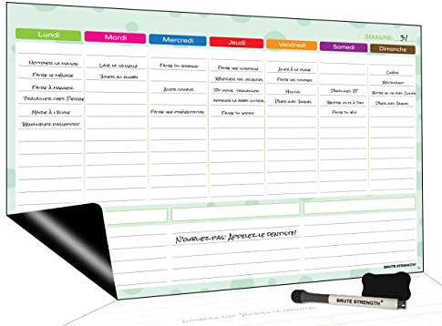 Brute Strength - Tableau Blanc Magnétique, Planificateur Hebdomadaire Flexible et Effaçable à Sec, Français, Tableau Mémo Magnétique pour Réfrigérateur Repas de Famille (42 x 29 cm)