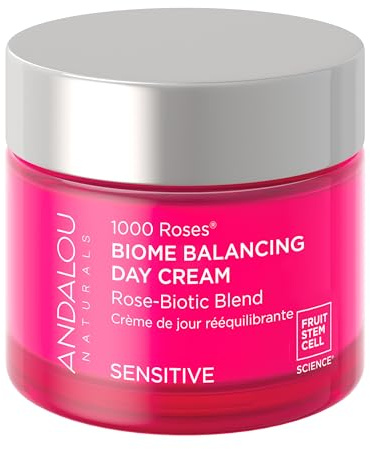 Andalou Naturals 1000 Roses Skin Biome Balancing Day Cream - Lightweight Face Moisturizer with Alpine Rose Stem Cells, Postbiotics - Soothing Hydration for Sensitive Skin - 1.7 Oz