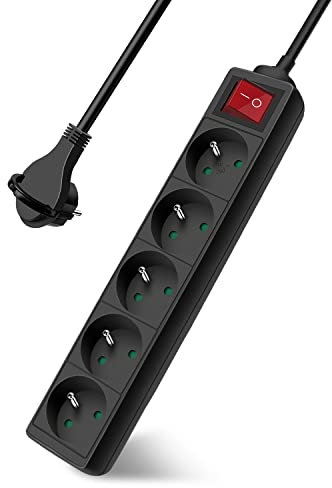 Extrastar Multiprise 5 Prises avec Interrupteur Fiche Plate, Bloc 5 Prises, Rallonge 3m 230 V avec sécurité Enfant, Noir