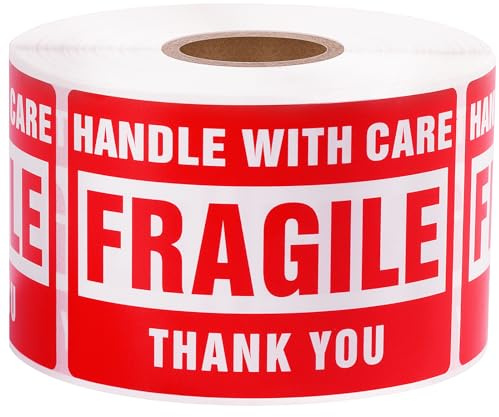 LuckyGuard 3 x 2 Inch Handle with Care 500 Fragile Stickers for Shipping Moving Glass Permanent Adhesive Commercial Grade Fragile Labels (1 Roll, 500 Labels)