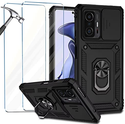 NEINEI Handyhülle für Xiaomi 11T/11T Pro 5G Hülle + 2 Gehärtetes Glas,Militärqualität Stoßfeste Schutzhülle mit [Kameraschutz][Ständer],Outdoor Kratzfeste Case Cover,Schwarz