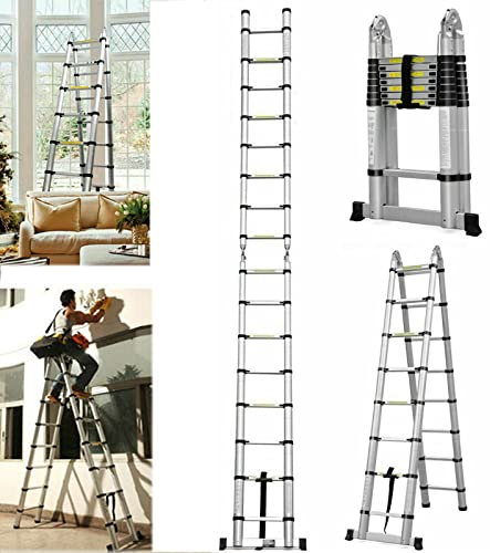Escalera telescópica plegable de 2,5 m + 2,5 m, marco en A, 8 + 8 peldaños, escalera extensible de acero inoxidable, escalera multiusos, capacidad de carga de 150 kg, EN131