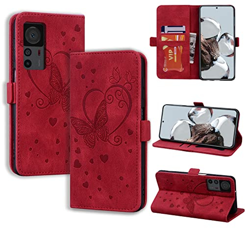 CASAFUNY Handyhülle für Xiaomi 12T/Xiaomi 12T Pro Hülle, PU Leder Tasche Cover mit Kartenfach Flip Case Magnetisch Klapphülle Schutzhülle für Xiaomi Mi 12T / 12T Pro 5G, rot