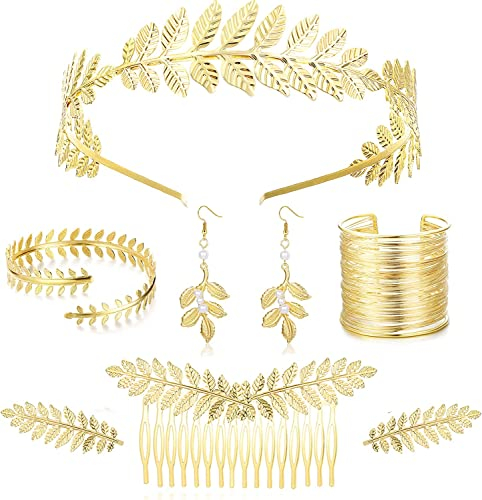 Milacolato 8Pcs Gold Griechische Göttin Kostüm Für Damen, Cleopatra Griechisches Göttin Set, Blatt Stirnband Spulenarmband Blatt Ohrringe Haarkamm Schmuckset Für Hochzeit Toga Party Halloween