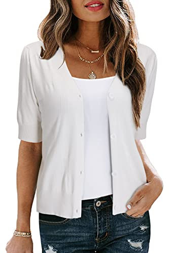Arach&Cloz Cardigans for Women UK Short Sleeve Bolero Summer Cropped Cardigan Shrugs Buttons Dress Coverup Knit Top (Off White, XL)