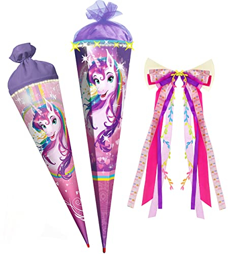 alles-meine.de GmbH mit 3D Glitzer Effekt ! - Schultüte - Einhorn/Regenbogen Unicorn - 35-100 cm - Größe wählbar - mit Holzspitze - 6 eckig - incl. große Schleife - Tüllabsch..