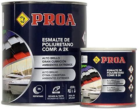 PROA ESMALTE POLIURETANO DOS COMPONENTES SATINADO. Transparente. 750ML+100ML. Excelente adherencia para pintar sobre hierro, azulejo, fibra, cristal.…