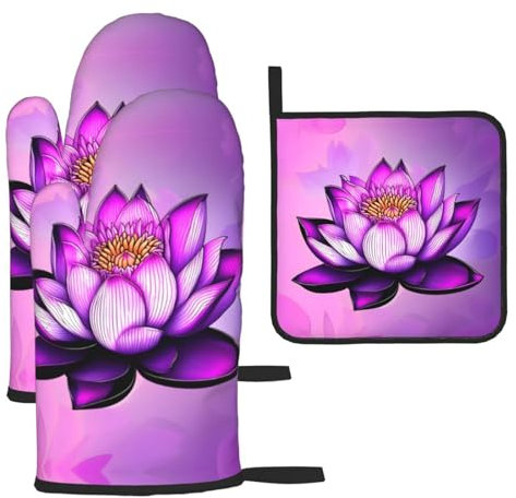 Lila Lotus Ofenhandschuhe und Topflappen Set (3-teiliges Set), Polyester rutschfeste Grillhandschuhe für Küche, Kochen, Backen, Grillen