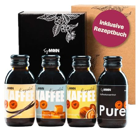 TryMoin - Probier- und Geschenkset - 4 Flaschen Kaffeekonzentrat mit Kaffeesirup inkl. Rezeptbuch, Kaffee-Geschenk-Set, 45 Kaffees