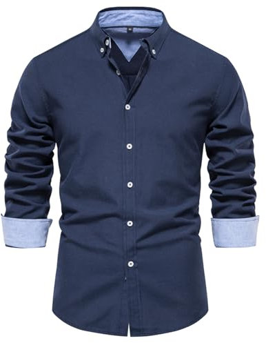 MakingDa Men's Shirts Long Sleeve Dress Shirt Business Casual Button Down Dress Shirts Slim Fit Formal Wedding Party Work Shirt Plain Navy Blue S