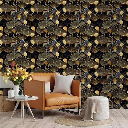 Papiers Peints Feuille De Ginkgo Doré Papier Peint Adhesif Mural Salon Papier Adhesif pour Meuble Papier Peint Intissé Facile à Peler Papier Adhésif Décoratif Cuisine 45x300cm