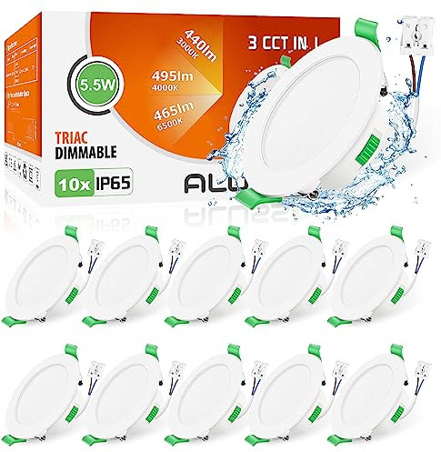 ALUSSO Spot Led Encastrable Dimmable 230V 5.5W Blanc Chaud 3000K Blanc Neutre 4000K Blanc Froid 6500K Réglable IP65 Plafonnier Encastré pour salle de bain, salon, Lot de 10,Blanc