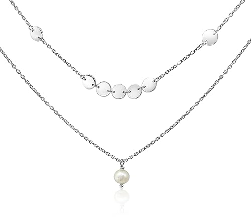 Mary & Jules Kette Damen Silber Layer Look mit Süßwasserperle, Halskette aus 925 Sterling Silber mit echter Perle, Geschenk für Frauen & Mädchen, Perlenkette, aus recyceltem Silber