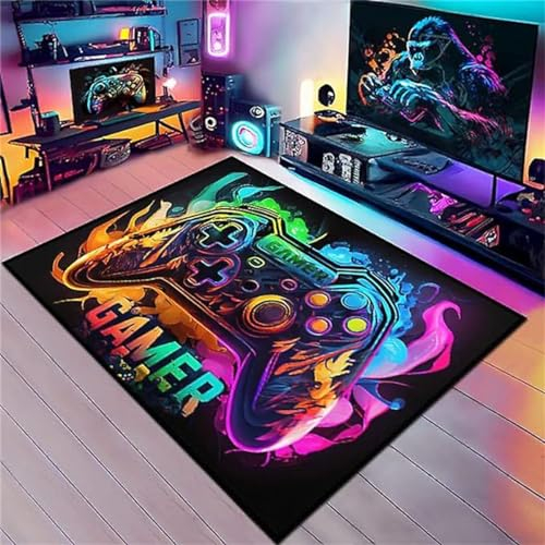 Xisnuient Bereich Teppiche, Neon Graffiti Gamer Spiele Kinder Teenager Home Decor Gedruckt Waschbar Anti-Rutsch-Spiel Bodenmatten Wohnzimmer Dekorative Teppiche Schlafzimmer (Flamme,160x200cm)