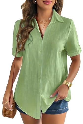 WINKEEY Chemisier Femme Élégant en Lin à Manche Courte Blouse Chic d'été Col V Top Léger avec Boutons, Vert L
