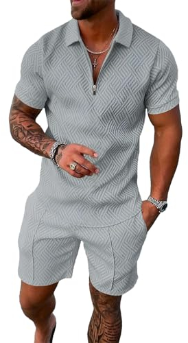 amropi Herren Sportanzug Sommer Trainingsanzug Kurzarm Reißverschluss Top und Shorts Kleidung Set Lichtgrau, XL