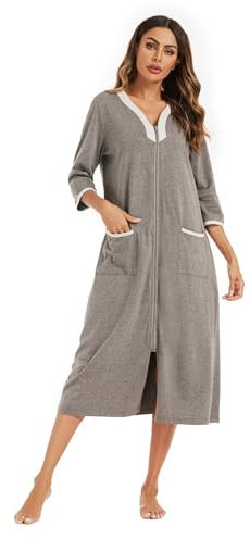 Alunsito Manteau d'intérieur pour Femme, Longue Fermeture éclair sur Le Devant, Chemises de Nuit Pleine Longueur avec Poches, vêtements de détente léopard, Gris foncé, Moyen
