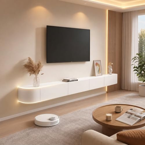 Btsunotr Schwebender TV-Ständer schwebender TV-Schrank Holz-Aufbewahrungsschrank unter dem TV modernes Entertainment-Unit mit 3/4 Stauraum Konsolen-Entertainment-Regal (Weiß, 260cm)
