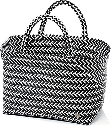 Kobolo Tasche Einkaufskorb geflochten Kunststoff Shopper - schwarz weiß XXL - 36x22x28 cm