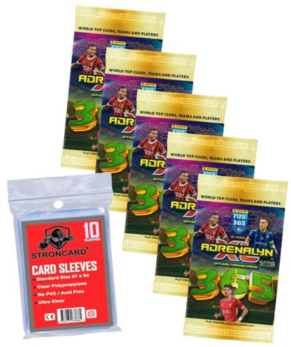 Bundle mit Panini FIFA 365 Karten 2025 - Adrenalyn XL Trading Cards - Exklusive STRONCARD Sammelkarten Hüllen - Auswahl (5 Booster)