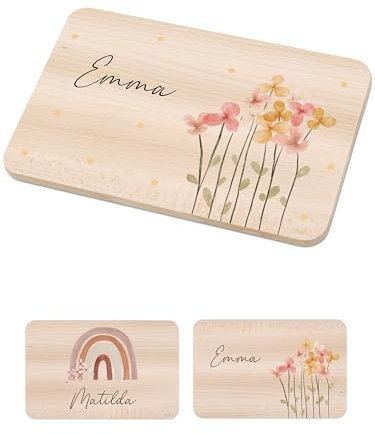 Bärenfreunde - Individuelles Holzbrett mit hochwertigem Spezial-Druck für Kinder - Personalisiertes Frühstücksbrettchen - Niedliche Motiv-Brettchen mit Namen (Blumen Punkte)