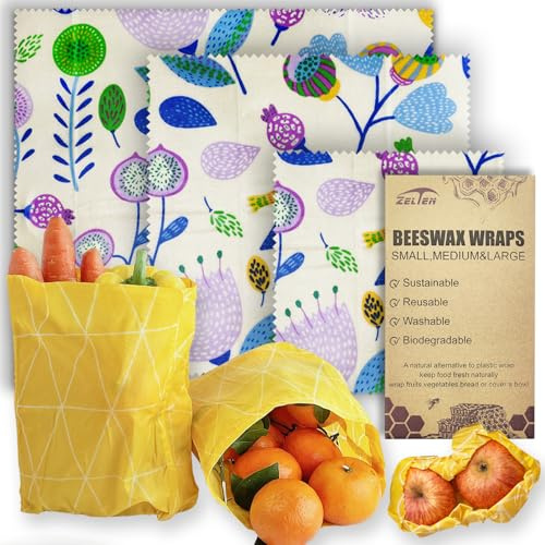 Beeswax Reusable Food Wraps - (3 Packs, 3 Sizes S,M,L) Plastic and Silicone Free, Eco-friendly Wrap, Wax Paper for Food,Flower