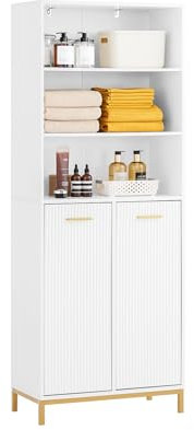 SoBuy Hochschrank breiter Badschrank mit Wäschesack Wäscheschrank Badezimmer Schrank Badregal Badezimmerschrank Badezimmermöbel Weiß BHT ca. 65x170x32cm BZR182-W